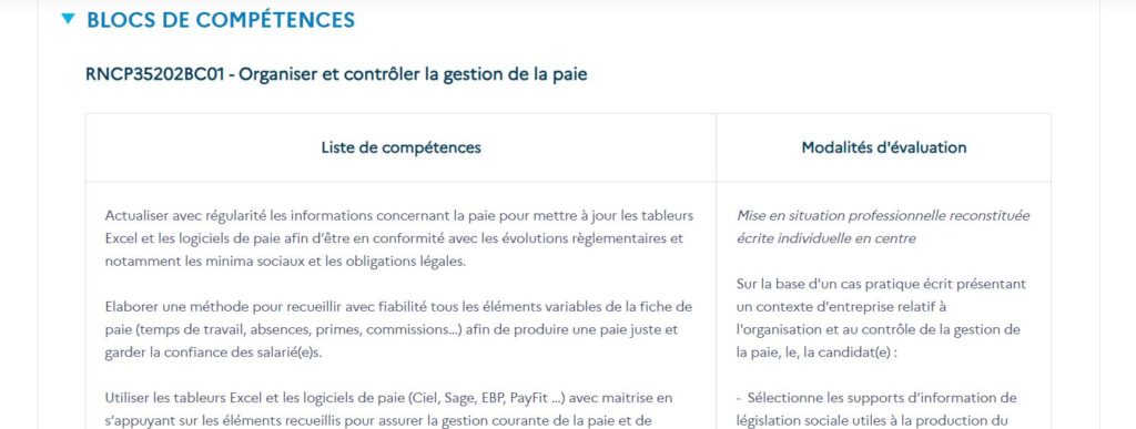 Les blocs de compétences d'une formation "responsable paie"